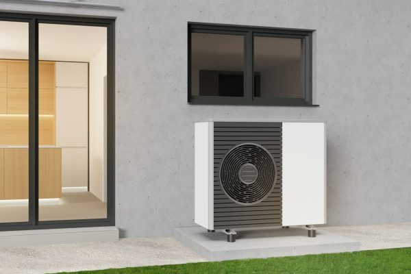Air heat pump standing outdoors. Modern, environmentally friendly heating